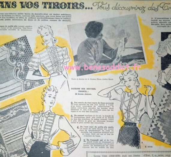 Mode d’Antan, 1941, Tricot, Couture, Crochet, Cuisine, Courrier des Lectrices