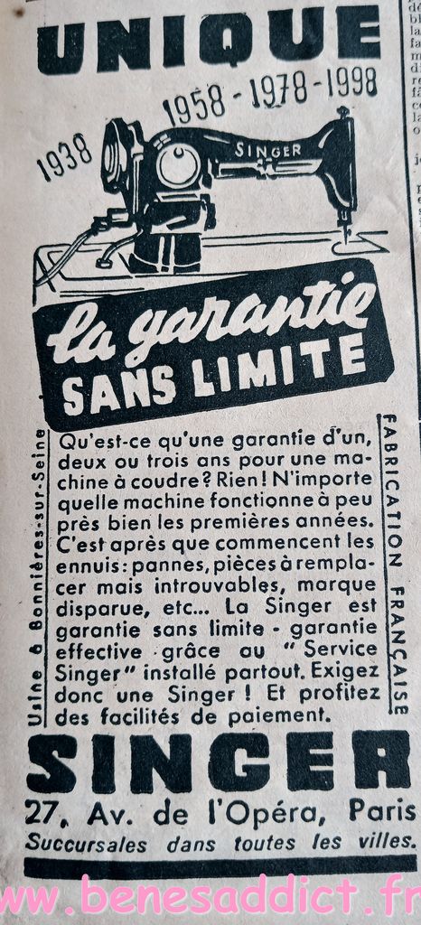 vintage rétro 1939 reclame singer garantie à vie